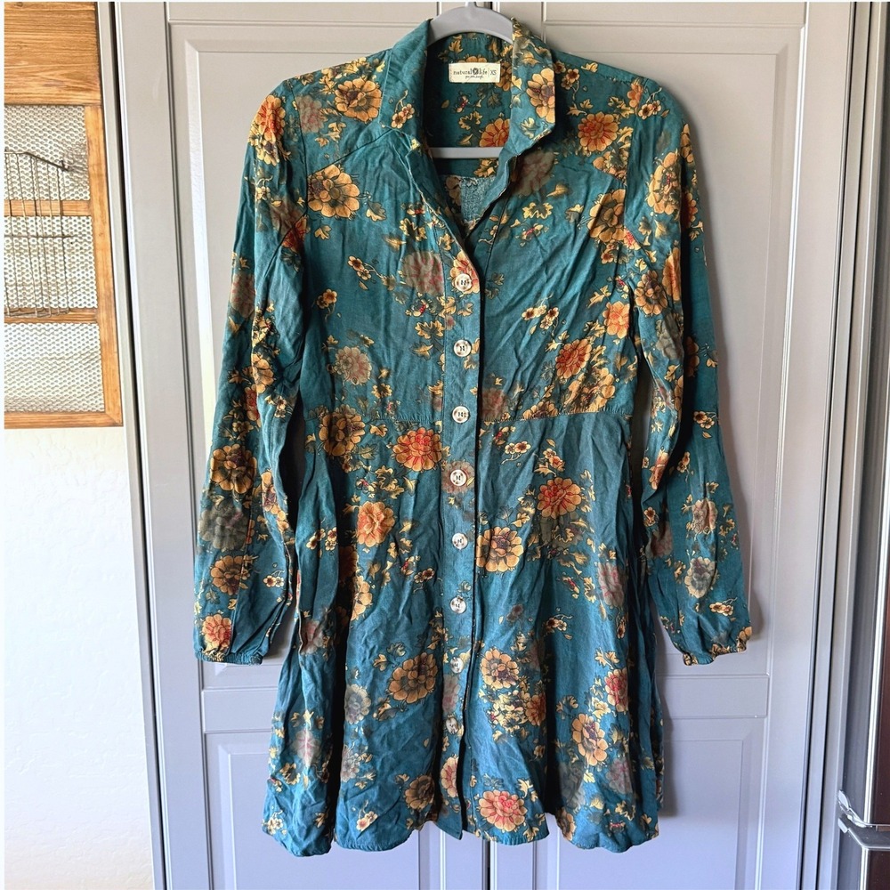 Natural Life Ansley Fall Floral Clusters Woven Tunic Shirt Dress,Teal Orange, XS